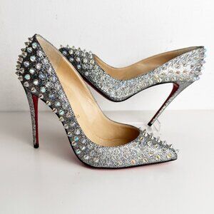 New CHRISTIAN LOUBOUTIN Nappa Mica Follies Spikes 100 Pumps Silver size 36